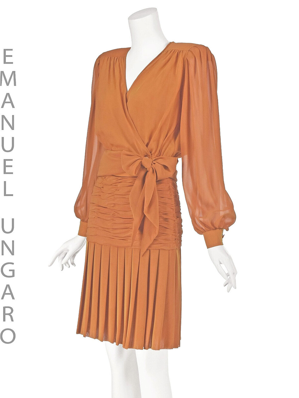EMANUEL UNGARO Vntg 2-Pc Orange Silk Surplice Top & Ruched & Pleated Skirt, SZSM